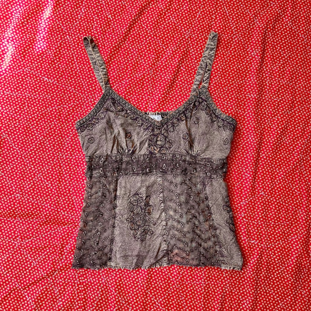 L.S.I. Vintage 90s Embroidered Camisole Top Brown SM Boho Indie Twee
